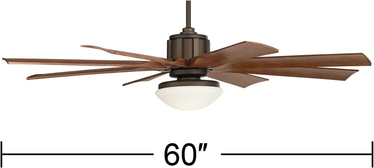 Possini Euro Design 60" Defender Industrial Outdoor Ceiling Fan with LED Light Remote Control Oil Rubbed Bronze Painted Koa Opal Frosted Glass Damp Rated for Patio Exterior House Home Porch Gazebo