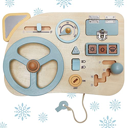 LAÂ·LA Â· LLAMA Montessori Toy Steering Wheel - Car Driving Toddler Busy Board - Wooden Sensory Activity Board for Kids 3 4 Year Old - Fine Motor Skills Toddler Toys for Boys Girls