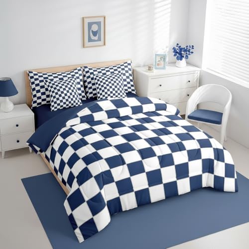 Image of Erosebridal White Blue Plaid Queen Comforter Set with Sheets 7 Piece Navy Blue Checkerboard Bedding Set for Kids Boys Teen,Checkered Grid Bed in A Bag Modern Aesthetic Geometric Bed Set