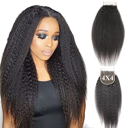 Forawme 4X4 inch Kinky Straight Top Closure With Baby Hair 16 Inch 1B Virgin Remy Brazilian Human Hair Lace Closure Pieces