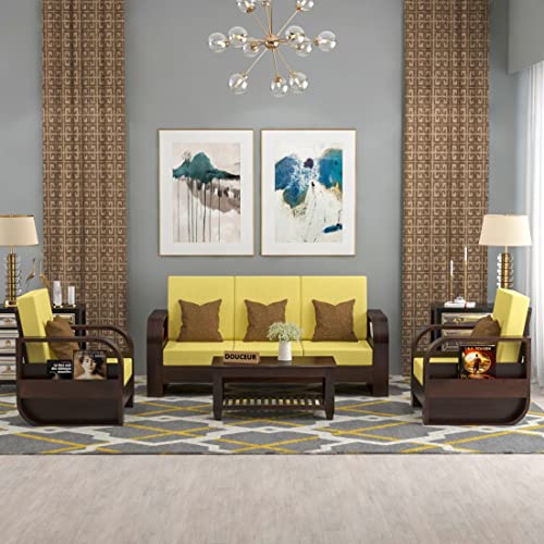 Image of Douceur Furnitures Solid Sheesham Wood 5 Seater Sofa | Five Seater Sofa Set for Living Room, Cafe, Office | (Walnut Cushion Lime Yellow)