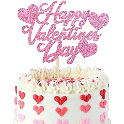 Rsstarxi 1 Pack Happy Valentine's Day Cake Topper Glitter Wedding Engagement Love Heart Cake Picks for Valentine's Day Theme Bridal Shower Valention Party Cake Decorations Supplies Pink Cover