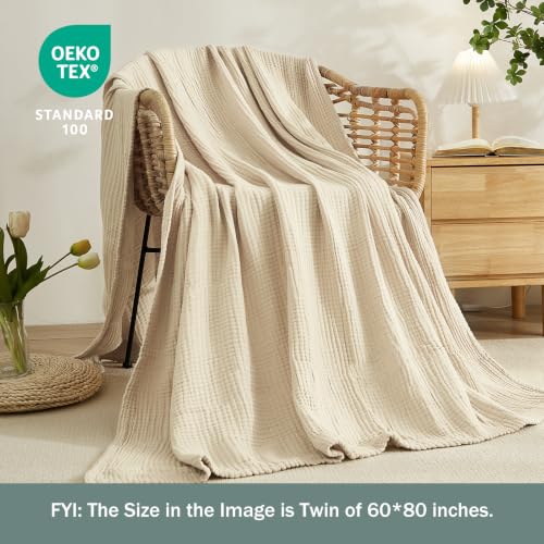 Image of EMME Muslin Blankets for Adults Throw Blanket for Couch Breathable Gauze Soft Lightweight Airy Beige Throw XL 50 inch x 71 inch