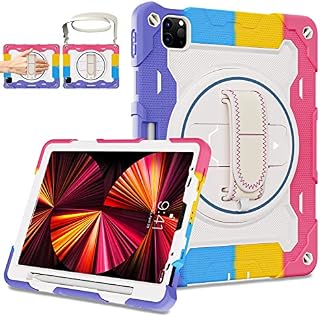 ROSROME for iPad Pro 12.9 Case 6th/5th/4th/3rd Generation with Screen Protector for Kids,Heavy Duty Shockproof Cover for iPad Pro Case 12.9 Inch with 360 Kickstand Hand Strap Pencil Holder