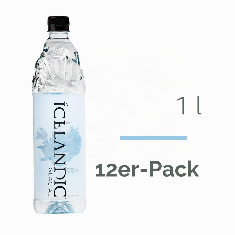 Icelandic Glacial Premium Natürliches Wasser 1 Liter Flaschen aus recyceltem PET x 12 pro Pack – Alkalisch/Niedriger pH-Wert, BPA-frei, Klimaneutral aus der isländischen Quelle. Geringer TDS-Gehalt.