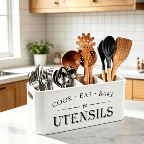 Image of Wooden Kitchen Utensil Holder Organizer for Counter or Countertop, Large Wooden Utensil Holder for Storage Cooking and Silverware with 4 Compartment,Rustic Wood Container Extra Large-white