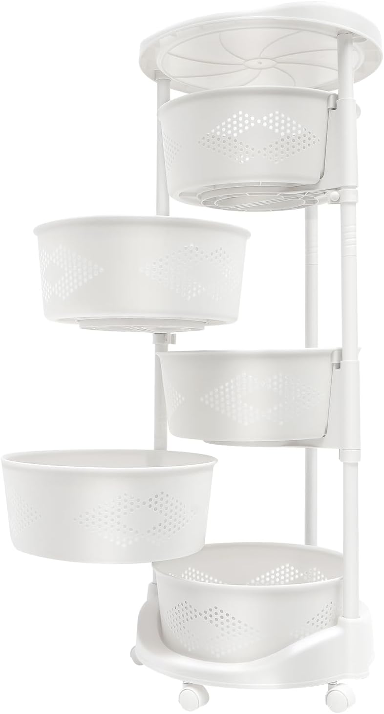 PERFERATE 5 Tier Rolling Storage Cart Rotating Kitchen Storage Rack Vegetable Rack for Kitchen Storage Rack Shelf Carts on Wheels 5 Tier Circular Rotating Basket for Food