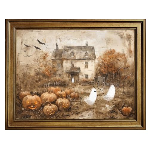 Cute Ghosts Print Haunted Halloween House Canvas Wall Art Framed Pumpkin Patch Painting Vintage Farmhouse Autumn Artwork Rustic Fall Decor Country Cottage Picture for Room Entryway Kitchen 8x10inch