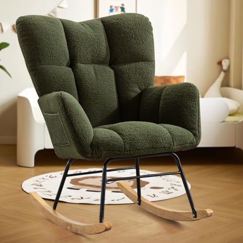 Image of SoarFlash Nursery Rocking Chair Teddy Fabric Glider Chair Upholstered Rocker Accent Armchair with High Backrest and Solid Wood Legs for Nursery Bedroom Living Room Office(Green)