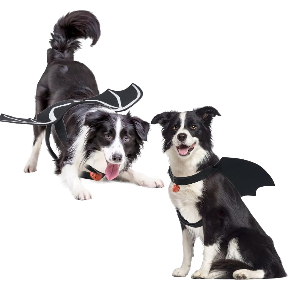 SUPERFINDINGS 1PC Halloween Pet Bat Wings Costume S Size Glow In Dark Skeleton Pattern Dog Costume with Adjustable Strap and Pumpkin Bell Pendant Pet Cosplay Outfit for Halloween Party Dress Up