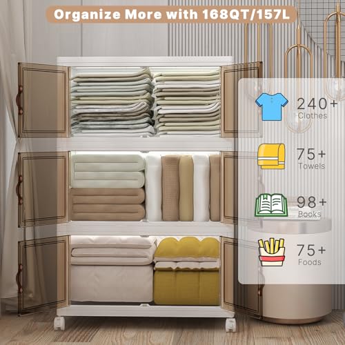 Image of UAMFURI Stackable Storage Bins with Lids, 504QT Closet Organizers and Storage Cabinet with Doors & Wheels, Lockable Plastic Foldable Drawers for Bedroom Dorm Office Garage(168QT*3,White)