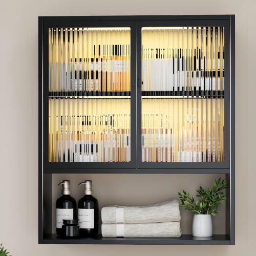 Image of Bathroom Wall Cabinet with Glass Doors,Metal Over The Toilet Storage,Black | Modern Fluted Bathroom Wall Cabinet with LED Light&Shelves,Space-Saving,Wall Cabinet for Laundry Room,Living Room