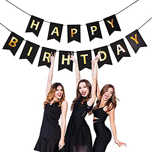Image of Wanna Party Black Happy Birthday Banner for Boys,Girls,Kids,Husband,Boyfriend with Shiny Gold Letters for Happy Birthday Decorations for All Age Groups