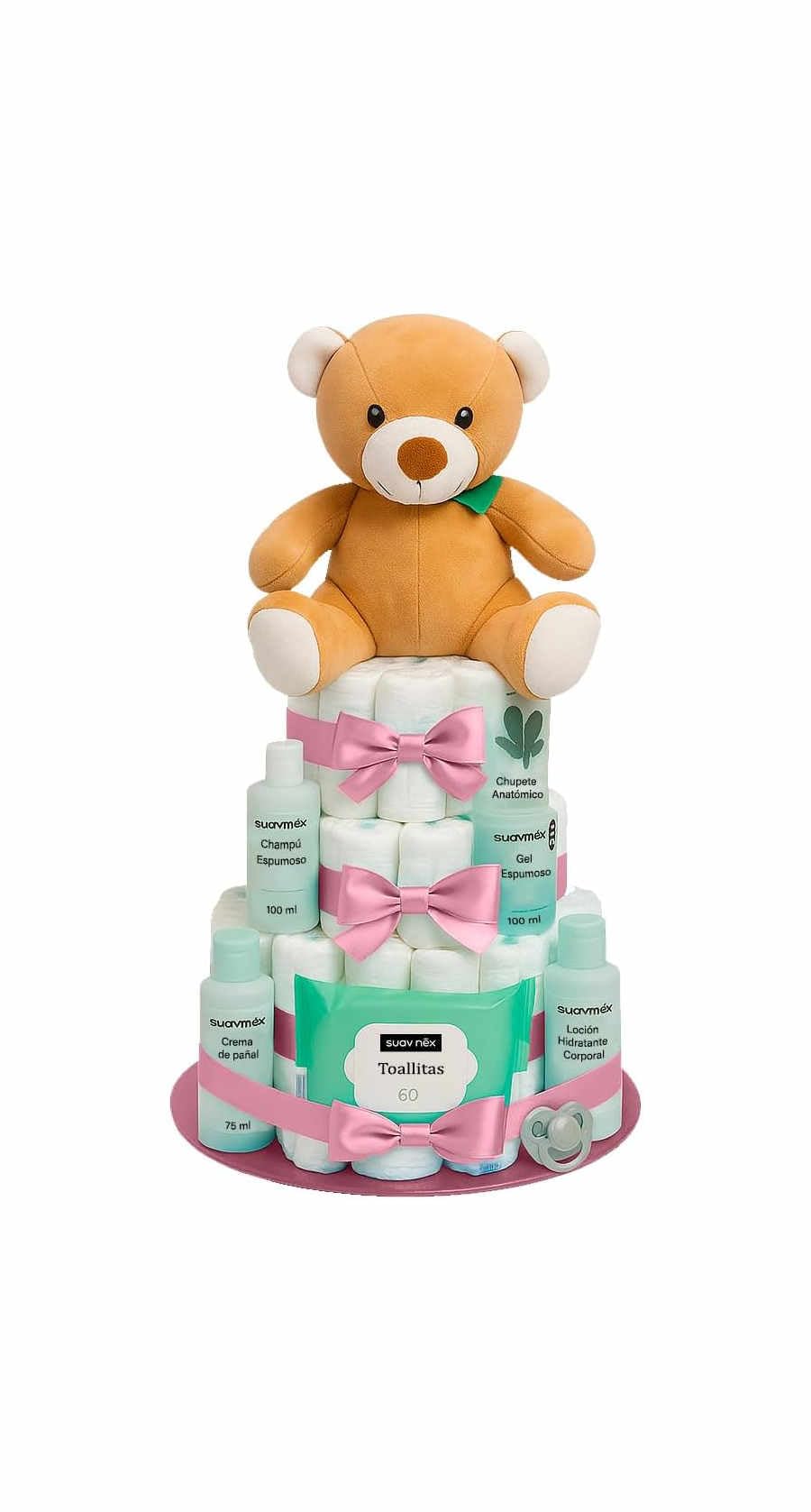Tarta de pañales Suavinex rosa (Talla 2 (3-6 kg)) by MomentosGourmet Añade tu dedicatoria personalizada. Regalo para bebé muy práctico. Cesta Canastilla recién nacido. Diaper Cake