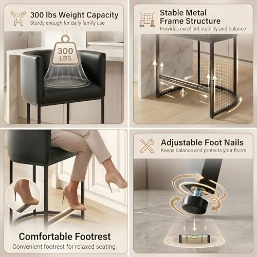 Image of HNY Black Modern Barrel Counter Height Bar Stool, 24 Inch PU Leather Kitchen Barstool with Back for Island, with Black Metal Tubular Frame