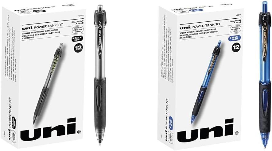 uni-ball Uniball PowerTank RT Black and Blue Pens 12 Pack 1.0mm Bold Ballpoint Retractable Bulk Office Supplies Colored Pens Fine Point Smooth Writing
