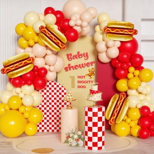 Image of Cute Hot Dog Balloon Garland Arch Kit,151PCS Red and Yellow Balloons, Creative Theme for Baby Shower Gender Reveal Boy Girl Birthday Party Decorations