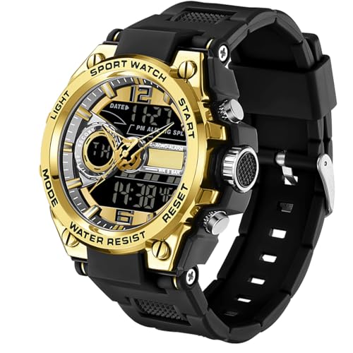 findtime Montre Militaire Homme Outdoor Sport Etanche à 50 ATM Montre Tactique Commando Montre Millitaire pour Sport Grand Cadran Multi Affichage Facile à Lire dans La Nuit Or