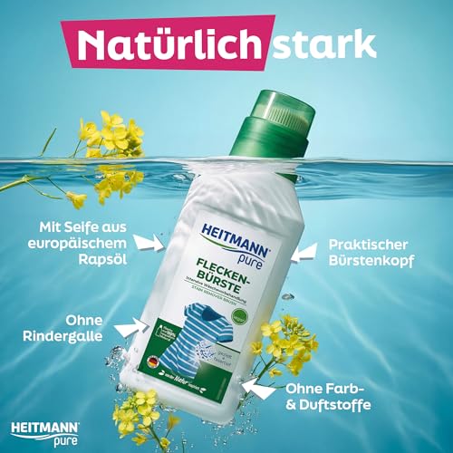 HEITMANN pure Vegane Fleckenbürste 250 ml | Effektiver Fleckenentferner für Kleidung mit Bürste | Gallseife flüssig Alternative | Fleckenbürste ideal für Kragen, Manschetten & Weißwäsche