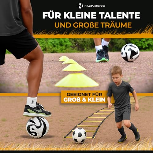 Manberg® Fußball Trainingsset Pro – Koordinationsleiter 6m, 12 Hütchen, Widerstandsschirm, Kick-Trainer – Komplettes Trainingszubehör für Kinder & Erwachsene