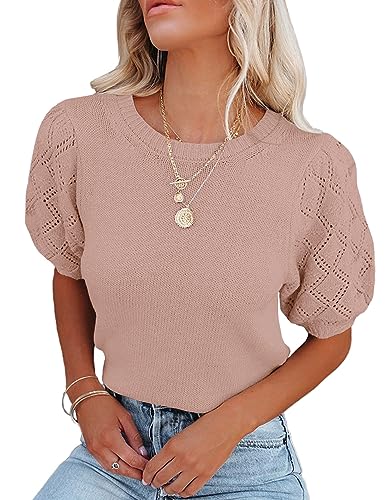 Image of Womens Short Sleeve Sweaters Crewneck Knit Pullover Tops 2025 Summer Casual Lightweight Crochet Blouse Shirt