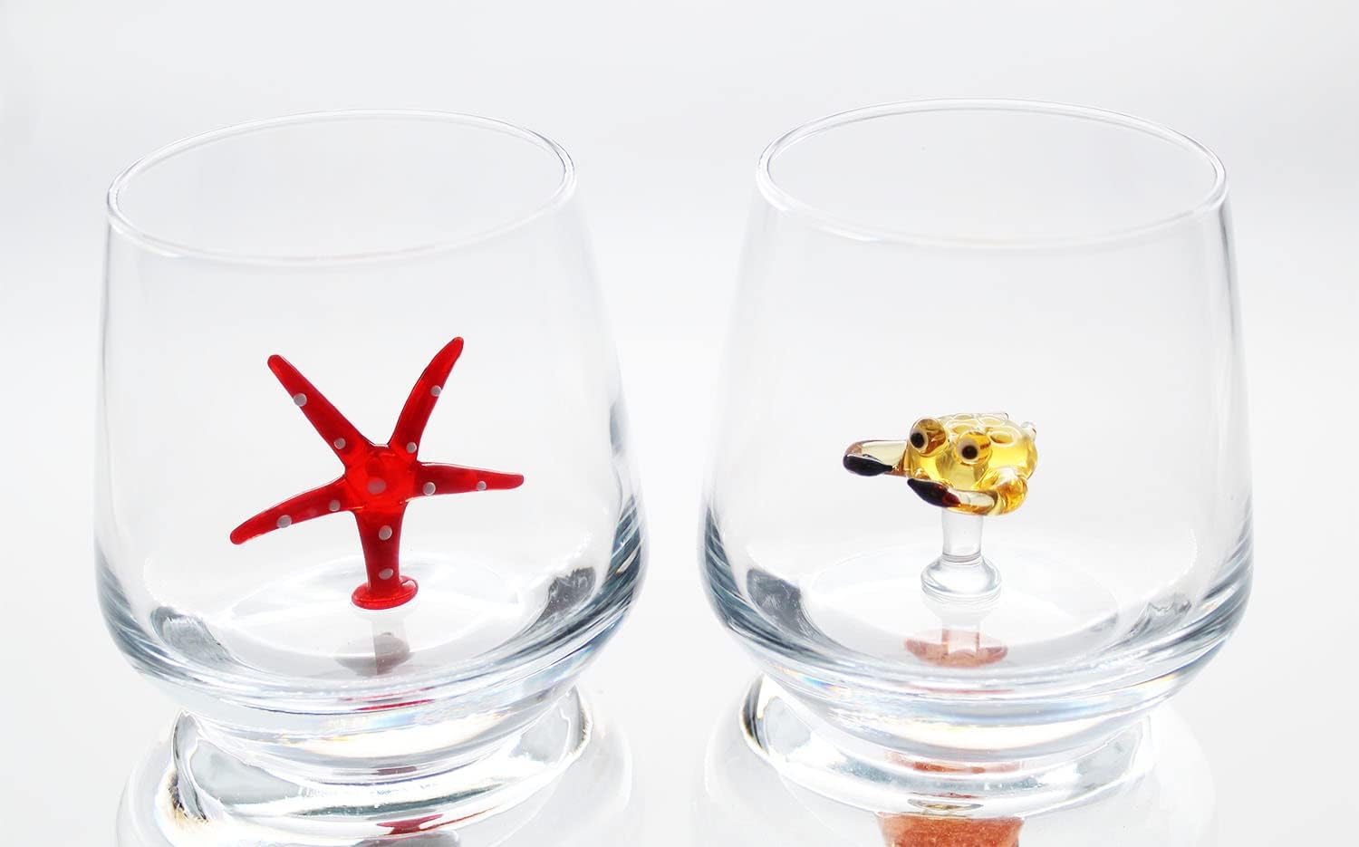 3D Drinking Glass Cup with Cute Animal Figurine Inside, Hand Blown Glass Figures Inside Mug, Stemless Glass for Wine, Water, Milk, Beverages, 12oz(Starfish & Crab)