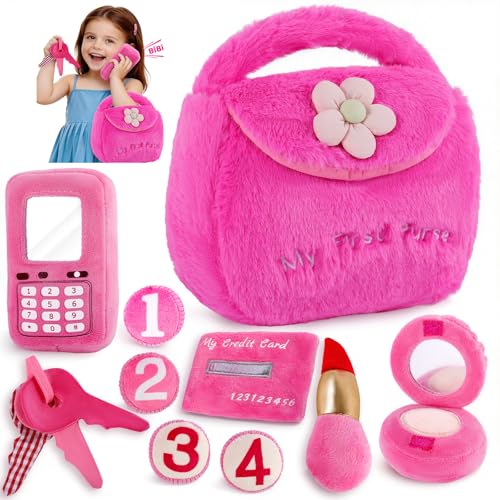 Nabance Play Plush Baby Purse for Little Girls with Makeup Toys Set 10 Pcs My First Purse with Soft Sensory Toy Crinkle Paper Squeaker Mirror for Toddler Baby Girl Easter Birthday Gift Ages 1+