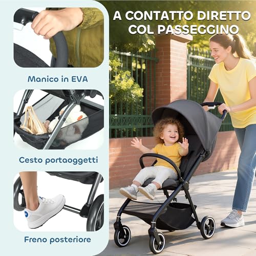 Aiyaplay Passeggino Leggero 6.3Kg Per Bambini 0-3 Anni Pieghevole Una Mano, Passeggino Compatto Reclinabile Con Cappottina E Poggiapiedi Regolabile, Ruote E Cesto Portaoggetti, Fino A 15 Kg, Grigio - 5