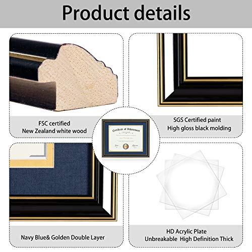 Image of ELSKER&HOME 8.5x11 Diploma Frame with Navy Mat,Real Black Wood