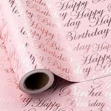 RUSPEPA Reversible Birthday Wrapping Paper - 43.2cm x 10m - Rose Gold Foil 'Happy Birthday' Lettering & Pink Stripes
