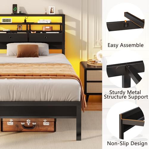 Image of Furnulem Twin Bed Frames with Charging Station and LED Lights, Wood Headboard with 2 Fabric Drawers and Storage Shelves, Twin Size Platform Bed with Metal Slats, No Box Spring Needed, Black Oak