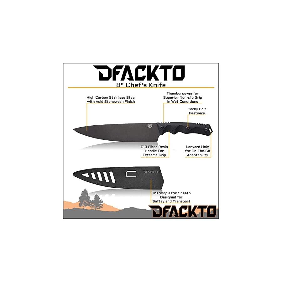 DFACKTO - 11 Piece Premium Rugged Chefs Knife Set with Sheaths and Case for Kitchen and Camping, Stonewashed High Carbon Stainless Steel Knives in Travel Kit, G10, Black Cooking BBQ Utensils