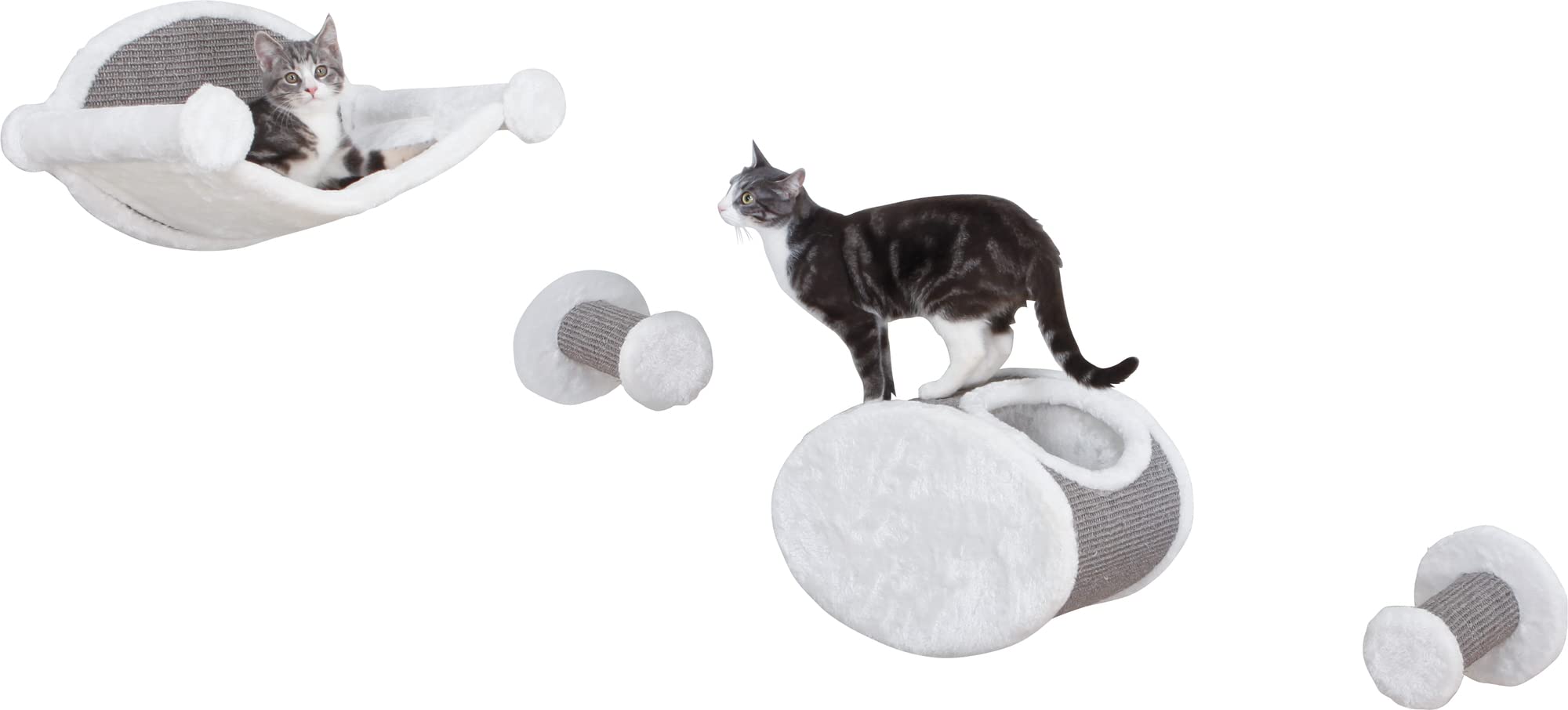Trixie Wall Mounted Cat Furniture - 4pc Cat Wall Scratcher - Climbing Shelves, Plush & Sisal Covered Condo, Hammock, and 2-Steps - Gray