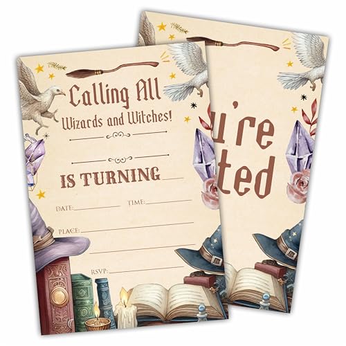 Watercolor Magical Theme Birthday Invitation Cards With Envelopes - Calling All Wizards And Witches - 20 Pcs Double-Sided Fill-In Birthday Invites For Teen, Boys Girls, Party Favor & Decorations - B19