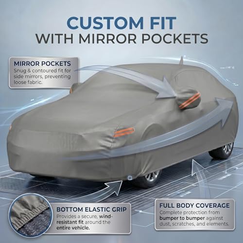 Image of Pivalo Car Cover for Maruti Suzuki Swift All Model & Years with Mirror Pocket 100% Waterproof Triple Stitched Bottom Elastic Dust, Heat & UV Resistant Full Body Protection (Grey with Highlighter)