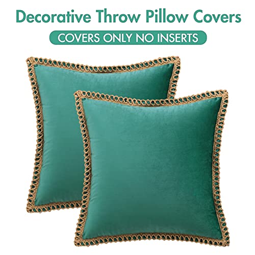 Aqothes Pack Of 2 Velvet Decorative Farmhouse Burlap Trimmed Tailored Edges Decor Pillow Cover Cushion Throw Pillows For Couch Sofa, 18 X 18 Inch, Teal #TOP6