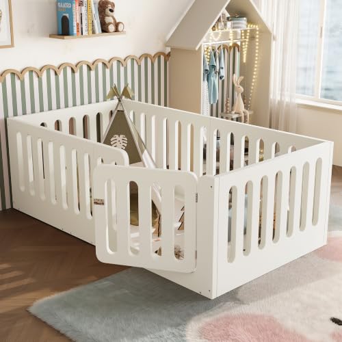 Image of Bellemave Twin Montessori Floor Bed Frame,Beige | Solid wood kids montessori floor bed with high safety fence & door, low to ground design for girls and boys