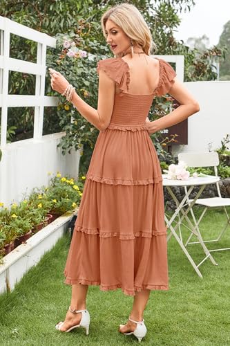 Image of Newshows Women's 2026 Summer Wedding Guest Dress Ruffle Sleeve Smocked Square Neck Long Flowy Tiered Maxi Sundress