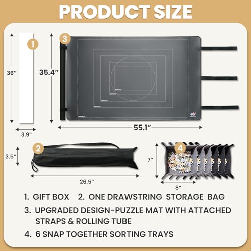 Jigsaw Puzzle Mat Roll Up,Puzzle Storage Saver for 55” x 35.5” Up to 3000 Pieces, Non-Slip Rubber Back & Smooth Polyester Surface with 6 Sorting Trays, Portable Puzzle Pad with Storage Bag for Adults by piece lab - Image 3