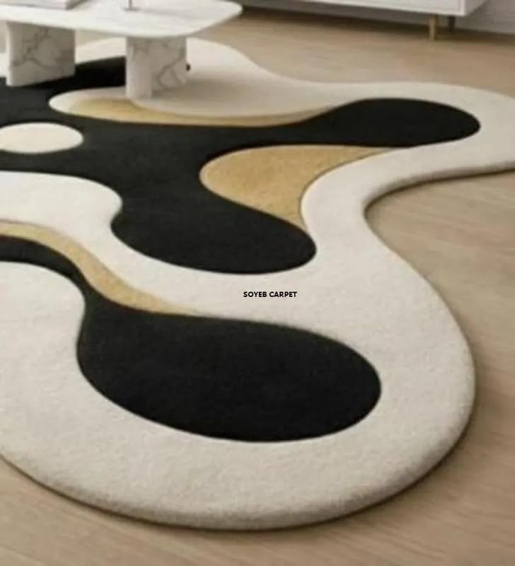Image of Irregualr Shape Hand Tufted Carpet Pure Soft Wool Non Slip & Durable Easy to Clean Floor Area Rug Modern Design Carpet for Living Room 5X8 Feet (150x240 cm)