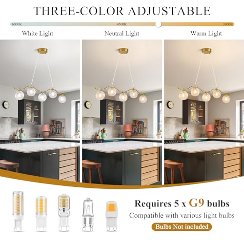 Image of Modern Linear Globe Chandelier Gold 5-Lights Mid Century Linear Chandelier for Dining Room Clear Glass Globe Light Fixture for Kitchen Island Living Room
