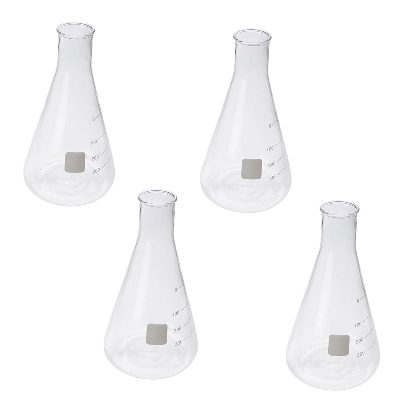 GLEAVI Juego de 4 Matraces Erlenmeyer de Vidrio de Borosilicato Forma Cónica y Fondo Plano, Espesados para Experimentos Escolares y Uso en Laboratorio Químico