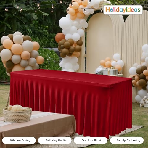 Image of HolidayIdeas 2 Pack Red Spandex Table Skirt for 8 Ft Rectangle Tables, Fitted Stretch Tablecloth 30 x 96 Inch, Wrinkle Resistant Ruffle Design for Valentine's Day, Monther's Day, Trade Shows, Parties