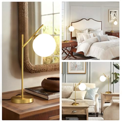 Image of Globe Table Lamp Set of 2, Brass Glass Globe Desk Lamp with Milky White Glass Shade, Contemporary Metal Bedside lamp for Bedroom Living Room Study Room