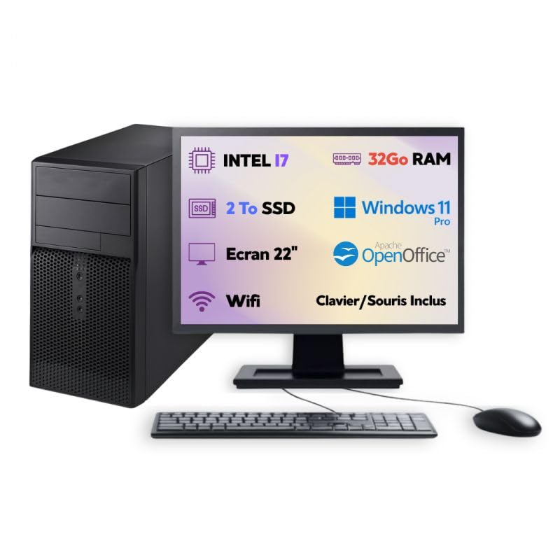 PC Tour Écran 22 Intel I7 SSD 2To RAM 32Go Windows 11 Pro