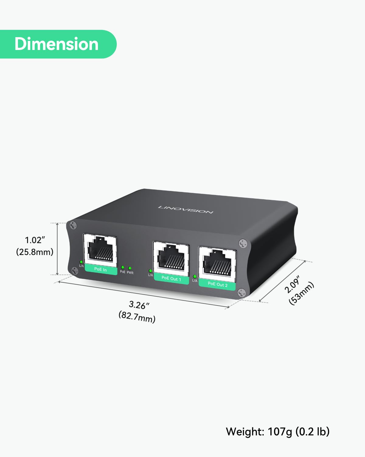 LINOVISION Estensore Poe Gigabit a 2 Porte Industriale, Pass-Through e Splitter 30W Poe per Due Telecamere Poe o AP Wireless, Ripetitore o Booster Poe per Estensione Aggiuntiva di 100m
