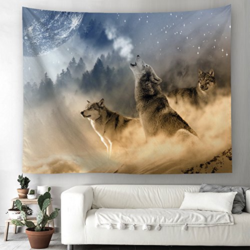 Wolf Mond Wald Wandteppich Fantasy Tier Landschaft Wandbehang Tapisserie Wandtuch Tischdecke Strandtuch 100x150cm Cover