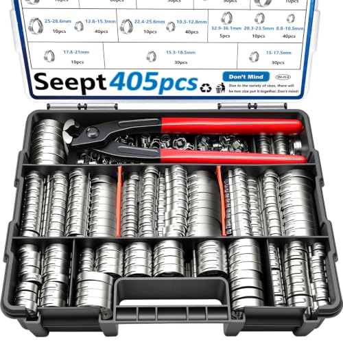 Image of 405Pcs 15-Sizes 304 Stainless Steel Single Ear Hose Clamps with Ear clamp plier 5.3-36.1mm Crimp Hose Clamps Assortment Kit for Auto /Home Appliance /Pipe /Fuel Line