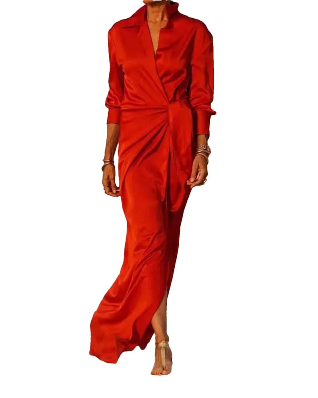 Womens Lapel Long Sleeve Slit Shiny Slim Fit Evening Red Long Dress