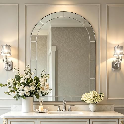 Image of MOON MIRROR Arched Mirror for Bathroom, Bathroom Mirrors for Over Sink, 30x40 inch Brushed Nickel Non-Rusting Vanity Mirror in Delicate Tessellated Glass Design
